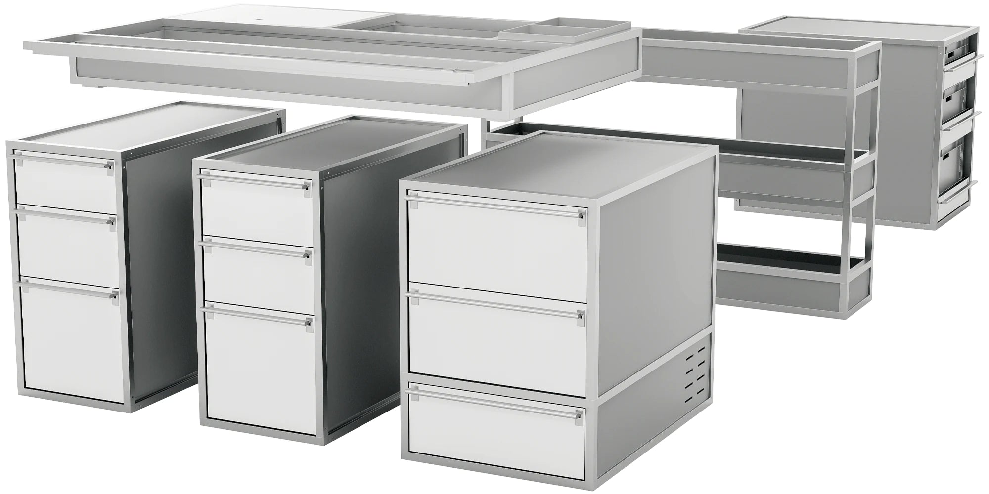 Daktary, une gamme de pharmacies de voitures vétérinaire évolutives et modulables. Constitués de caissons et accessoires combinables à souhait.