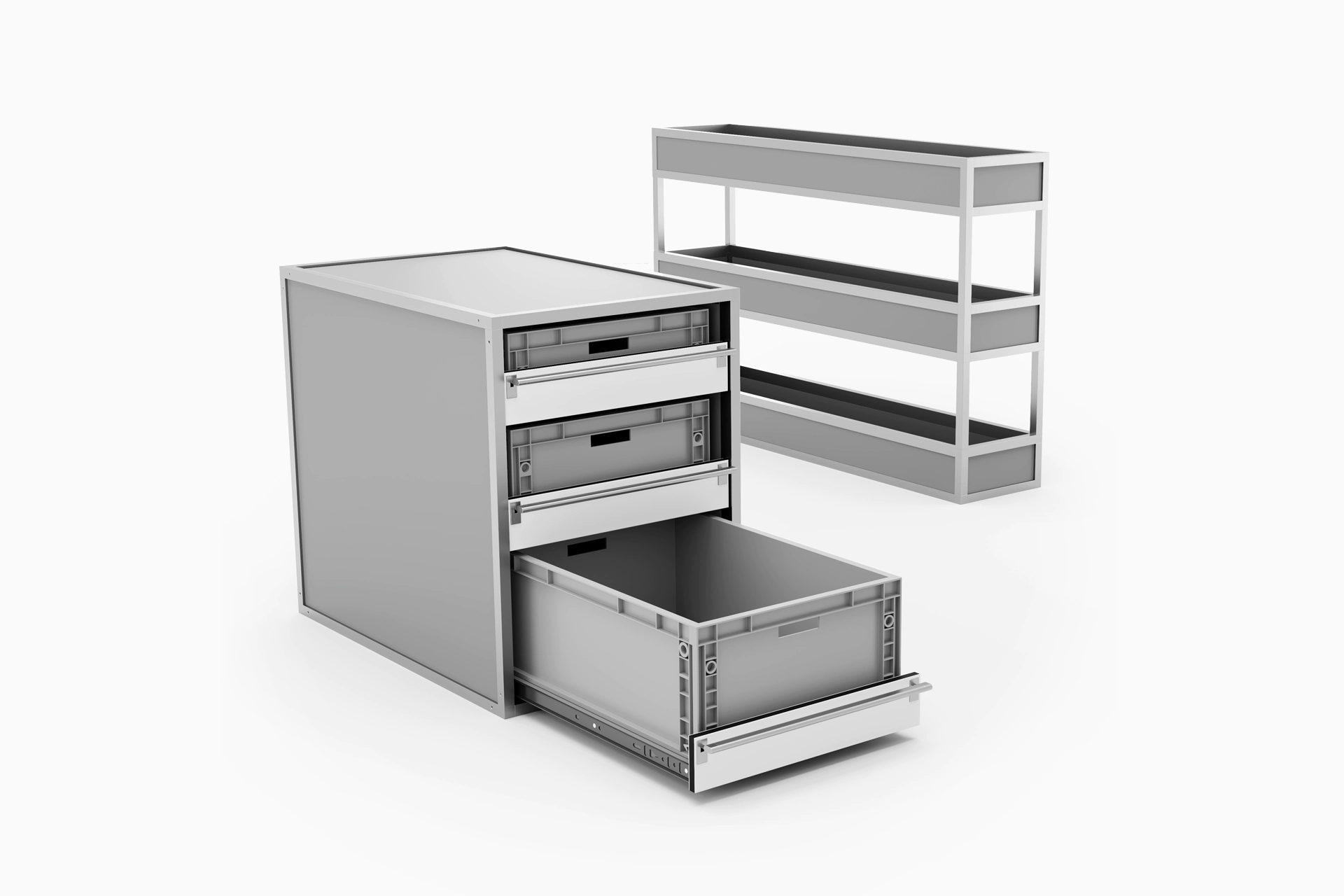 Bac de rangement arrière, étagère ou un meuble Craft avec des bacs amovibles, les meubles complémentaires Daktary s’adaptent aux besoins des vétérinaires itinérants